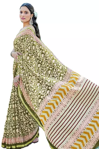 Green mulmul cotton printed zari border saree with unstitched blouse piece