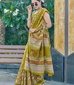 green cotton printed zari border saree with unstitched blouse
