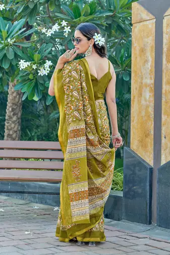 green cotton printed zari border saree with unstitched blouse