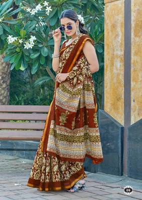 Brown mulmul cotton printed zari border saree with unstitched blouse piece 1