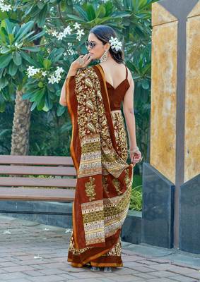 Brown mulmul cotton printed zari border saree with unstitched blouse piece 2