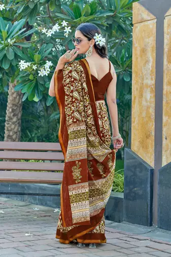 Brown mulmul cotton printed zari border saree with unstitched blouse piece