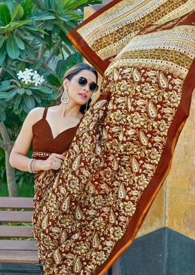 Brown mulmul cotton printed zari border saree with unstitched blouse piece 3