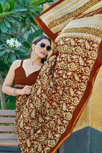 Brown mulmul cotton printed zari border saree with unstitched blouse piece