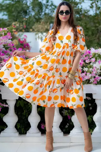 Cream Digital Print Rayon Kurti