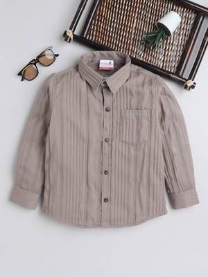 Beige cotton double cloth full sleeves mandarin collar mandarin collar shirt for boys 1