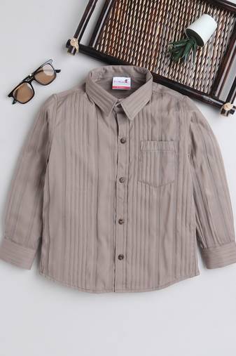 Beige cotton double cloth full sleeves mandarin collar mandarin collar shirt for boys