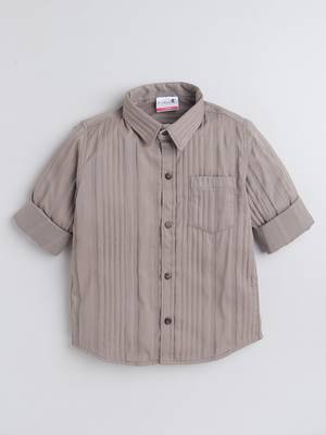 Beige cotton double cloth full sleeves mandarin collar mandarin collar shirt for boys 2
