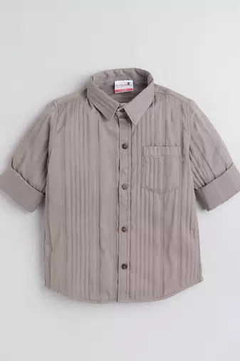 Beige cotton double cloth full sleeves mandarin collar mandarin collar shirt for boys