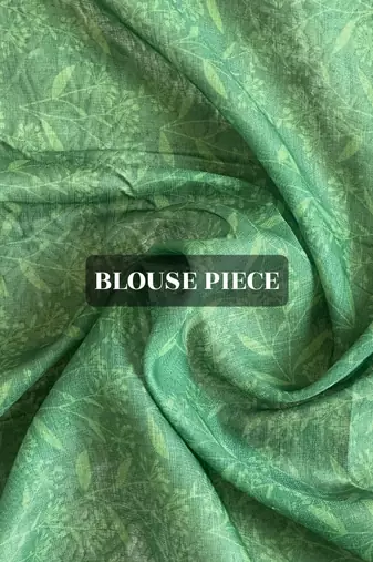 Green tropical printed soft linen saree with handmade tassels and printed blouse