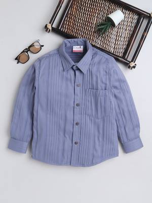 Blue cotton double cloth full sleeves mandarin collar shirt for boys 1