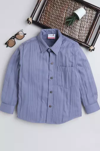 Blue cotton double cloth full sleeves mandarin collar shirt for boys