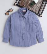 Blue cotton double cloth full sleeves mandarin collar shirt for boys