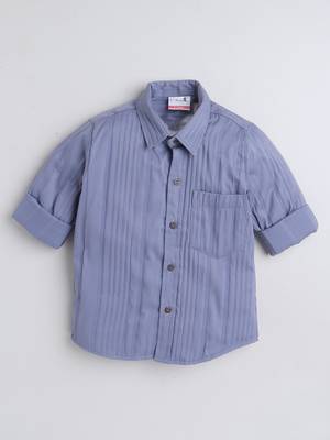 Blue cotton double cloth full sleeves mandarin collar shirt for boys 2