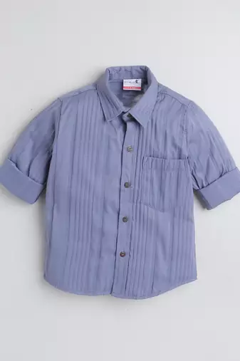 Blue cotton double cloth full sleeves mandarin collar shirt for boys