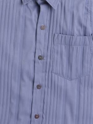 Blue cotton double cloth full sleeves mandarin collar shirt for boys 4
