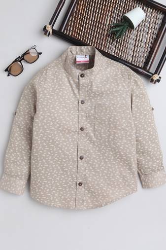 Beige cotton full sleeves abstract print  mandarin collar shirt for boys