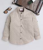 Beige cotton full sleeves abstract print  mandarin collar shirt for boys