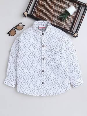 White cotton full sleeves abstract print  mandarin collar shirt for boys 1