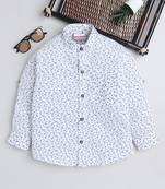 White cotton full sleeves abstract print  mandarin collar shirt for boys