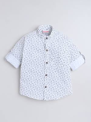 White cotton full sleeves abstract print  mandarin collar shirt for boys 2