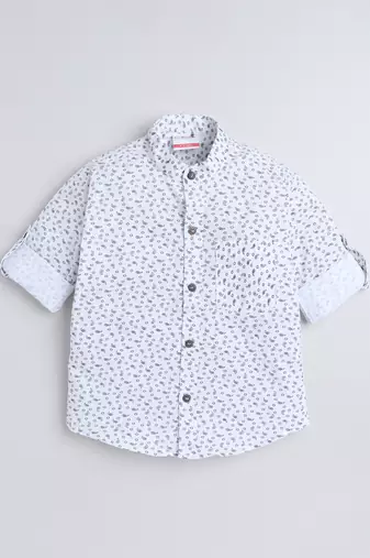 White cotton full sleeves abstract print  mandarin collar shirt for boys