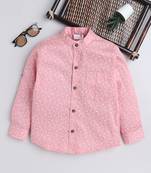 Pink cotton full sleeves abstract print  mandarin collar shirt for boys