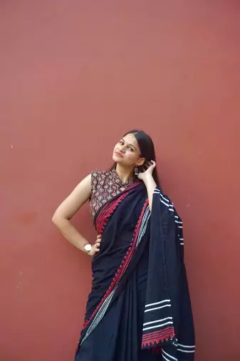 Black hand block printed mul cotton saree with blouse