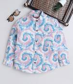 Blue cotton full sleeves swirl  print  mandarin collar shirt for boys