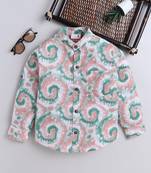 Green cotton full sleeves swirl  print  mandarin collar shirt for boys