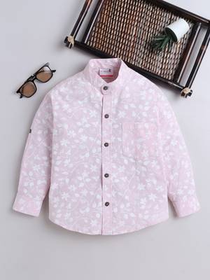Pink cotton full sleeves pink leaf print  mandarin collar shirt for boys 1