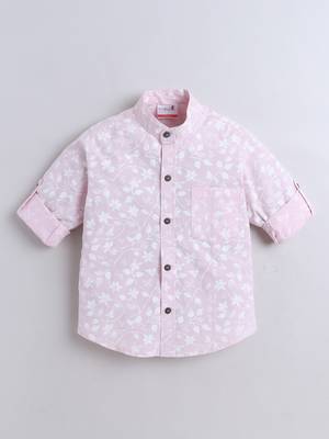 Pink cotton full sleeves pink leaf print  mandarin collar shirt for boys 2