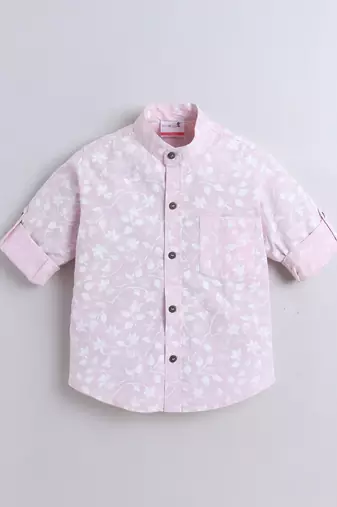 Pink cotton full sleeves pink leaf print  mandarin collar shirt for boys