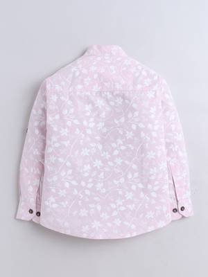 Pink cotton full sleeves pink leaf print  mandarin collar shirt for boys 3
