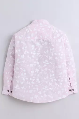 Pink cotton full sleeves pink leaf print  mandarin collar shirt for boys