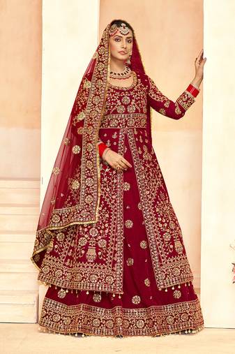 Maroon Embroidered Velvet Designer Long Lehenga Choli