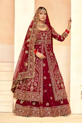 Maroon Embroidered Velvet Designer Long Lehenga Choli