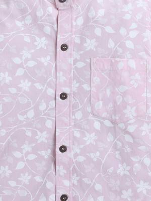 Pink cotton full sleeves pink leaf print  mandarin collar shirt for boys 4