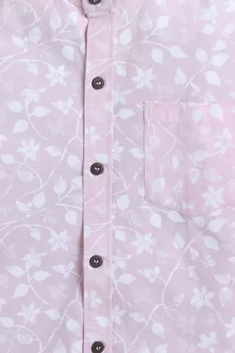 Pink cotton full sleeves pink leaf print  mandarin collar shirt for boys