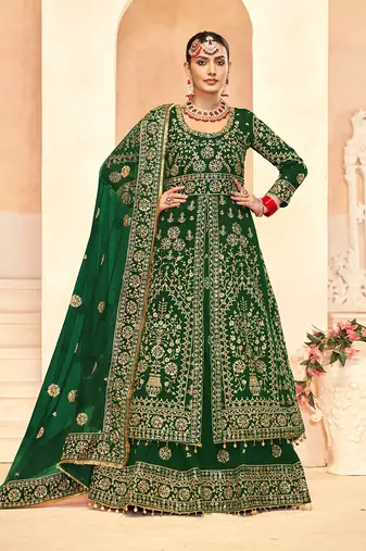Green Embroidered Velvet Designer Long Lehenga Choli
