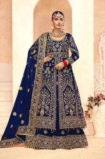 Navy Blue Embroidered Velvet Designer Long Lehenga Choli
