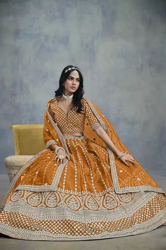 Art silk blend Embroidered Orange Lehenga Choli