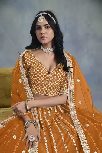 Art silk blend Embroidered Orange Lehenga Choli