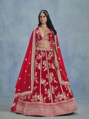Red Art silk blend Embroidered Lehenga Choli 1