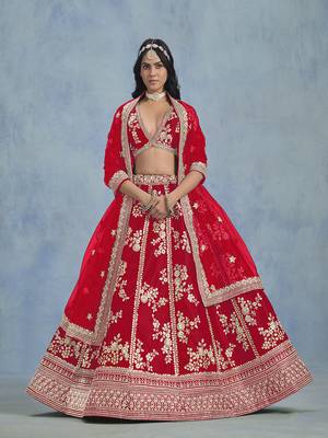 Red Art silk blend Embroidered Lehenga Choli 2