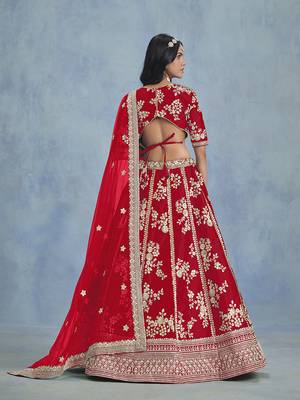 Red Art silk blend Embroidered Lehenga Choli 3