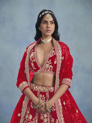 Red Art silk blend Embroidered Lehenga Choli 4