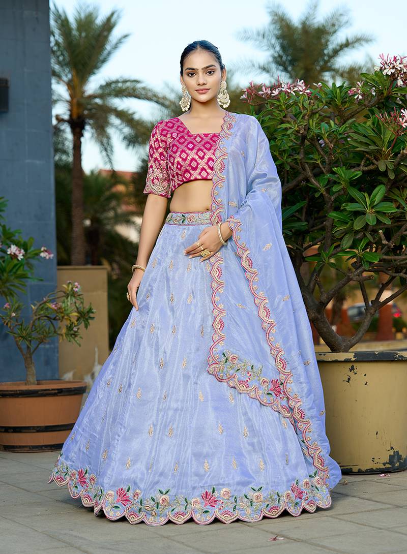 Sky Blue Embroidered Viscose Lehenga Choli