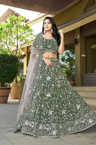 Green Embroidered Lehenga Choli In Tissue