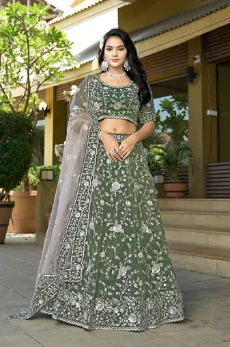 Green Embroidered Lehenga Choli In Tissue
